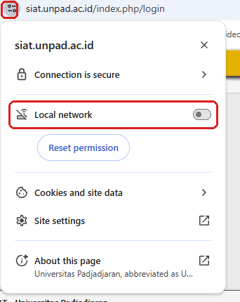 Menu pengaturan situs dengan opsi Local network